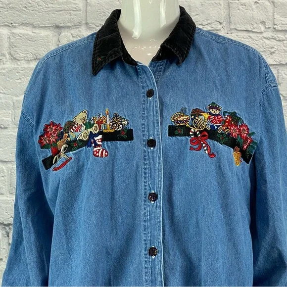 Vintage 1990s Fade Glory Christmas Embroidered Denim Blouse - Picture 2 of 6